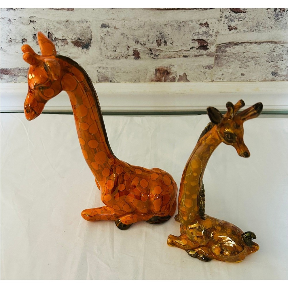 Vintage Ceramic Giraffe Figurine Set 2 Piece Orange Amber Glazed MCM Safari